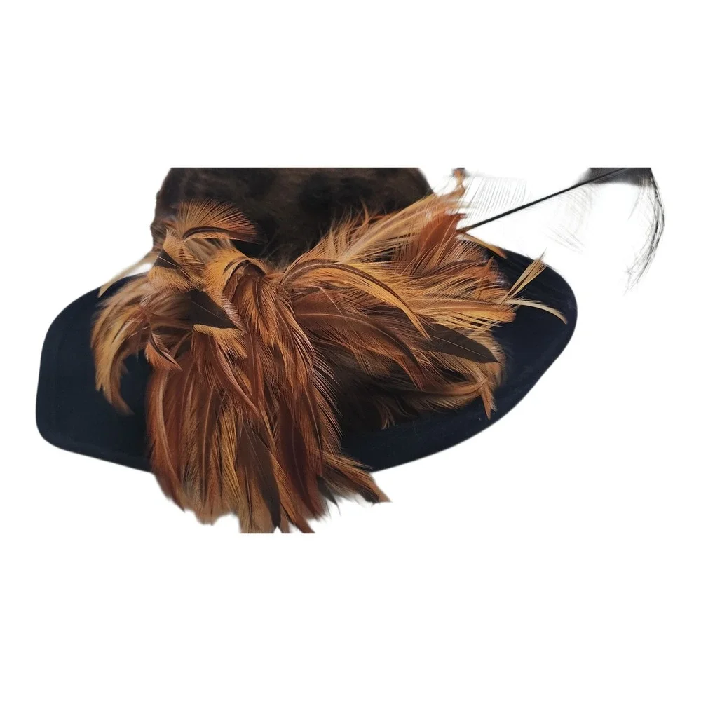 Mr John Classic Vintage Navy Wool Leopard Print Faux Fur‎ Feather Hat New York